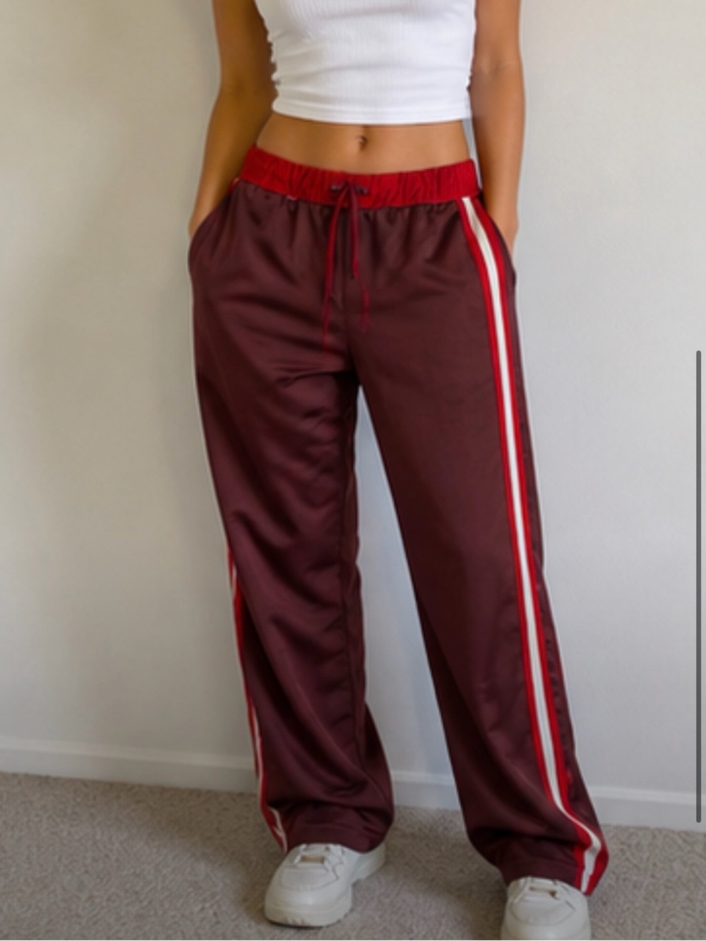 Coca Cola Burgundy Track Pants with Red & White Side Stripes Unisex Y2K